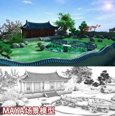 maya场景模型美术素材Q版卡通古代房子建筑植物模型三维动画场景