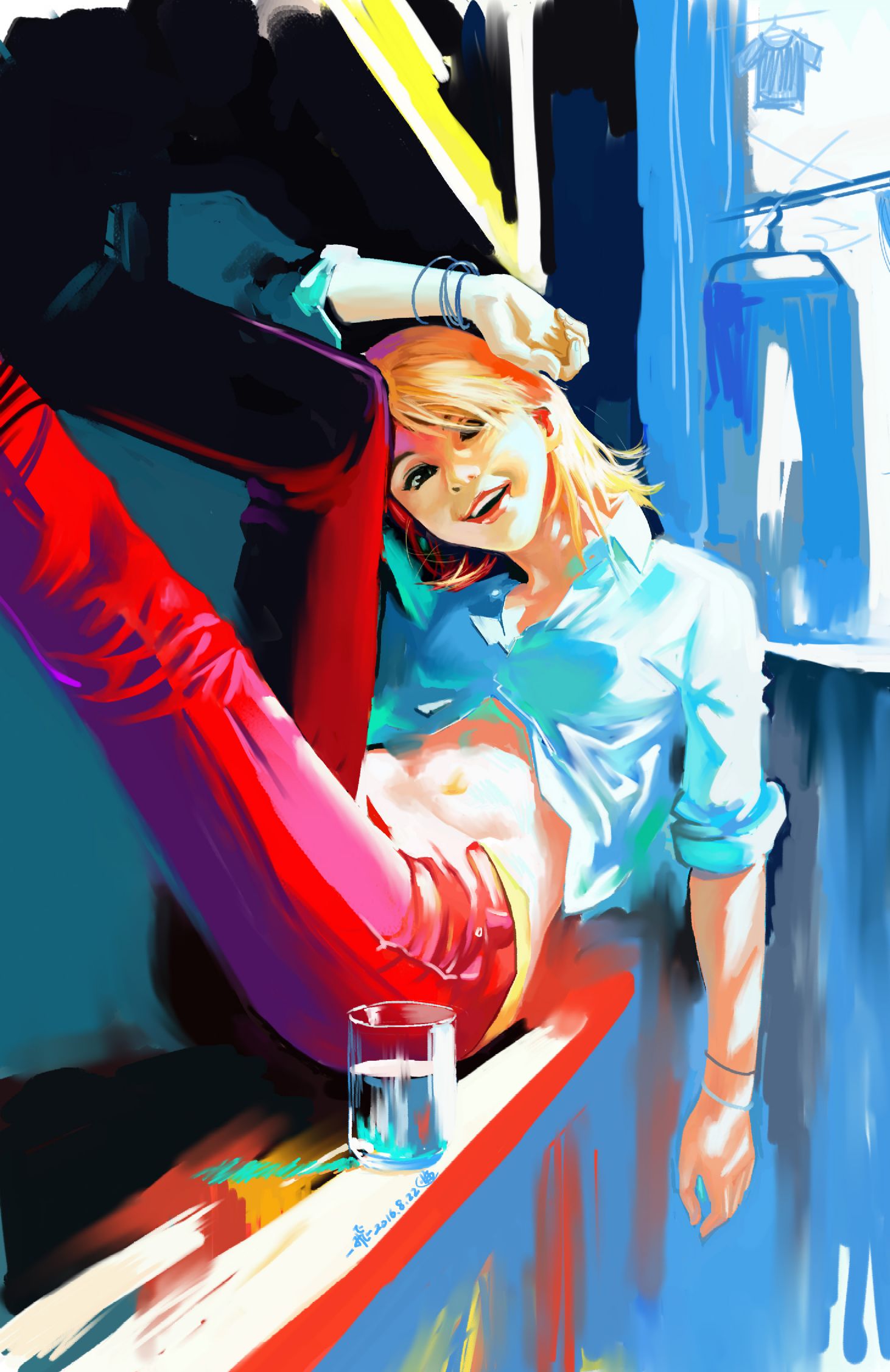 女孩享受阳光 临画