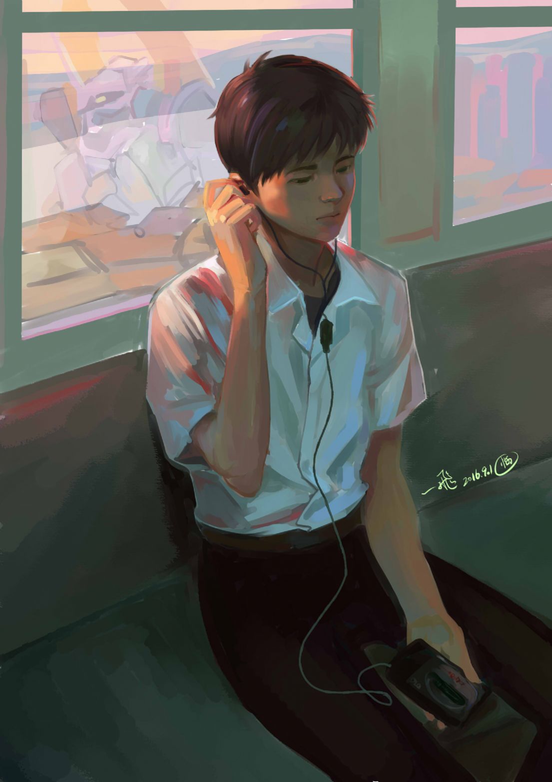 男孩静心听歌 练习临画