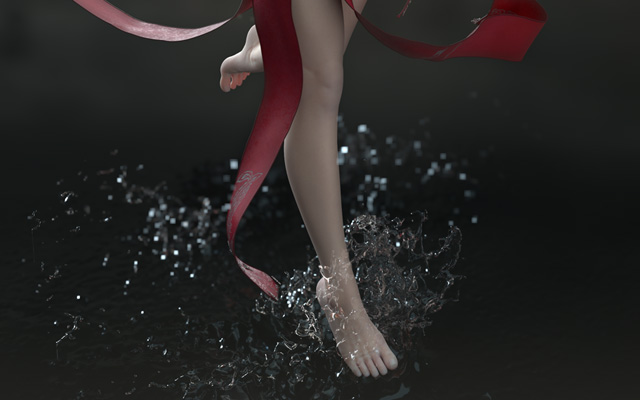 houdini女神踩水溅射特效模拟和合成
